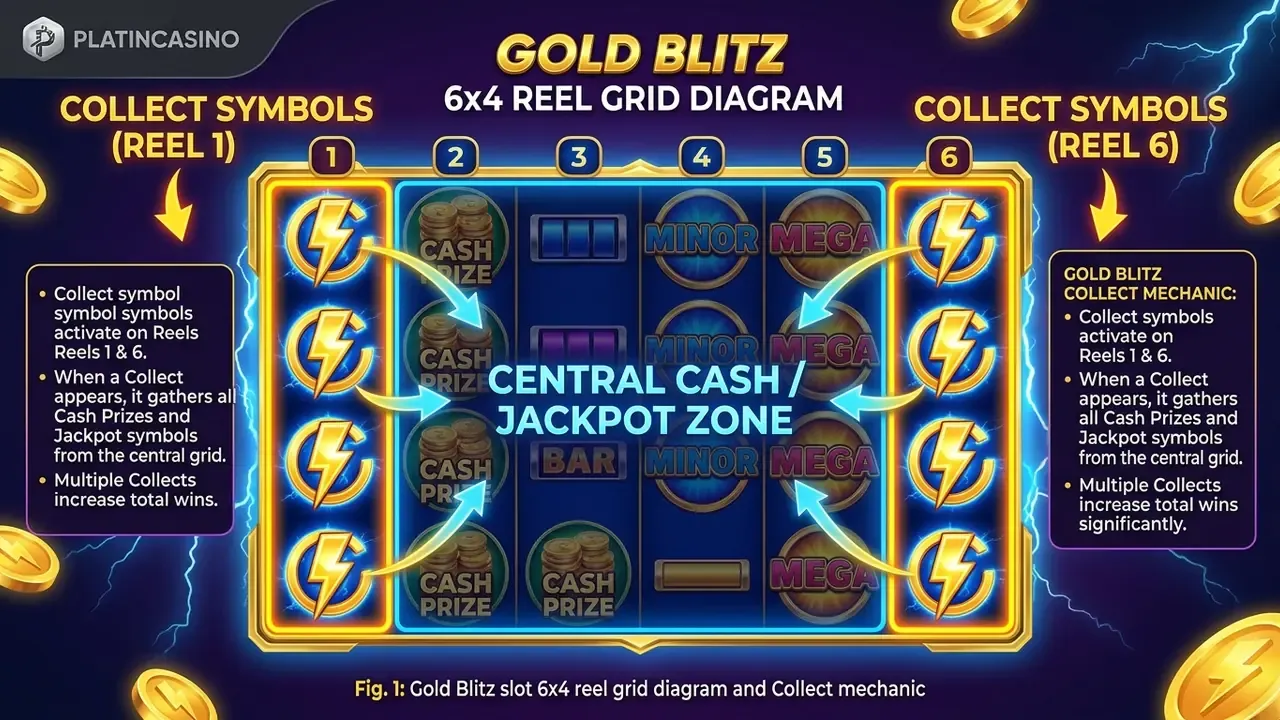 Gold Blitz slot 6x4 reel grid diagram and Collect mechanic