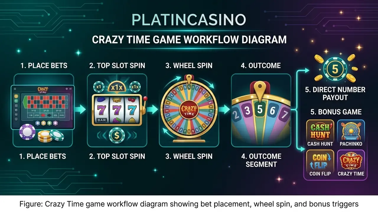 crazy time game workflow diagram showing bet placement wheel spin and bonus triggers