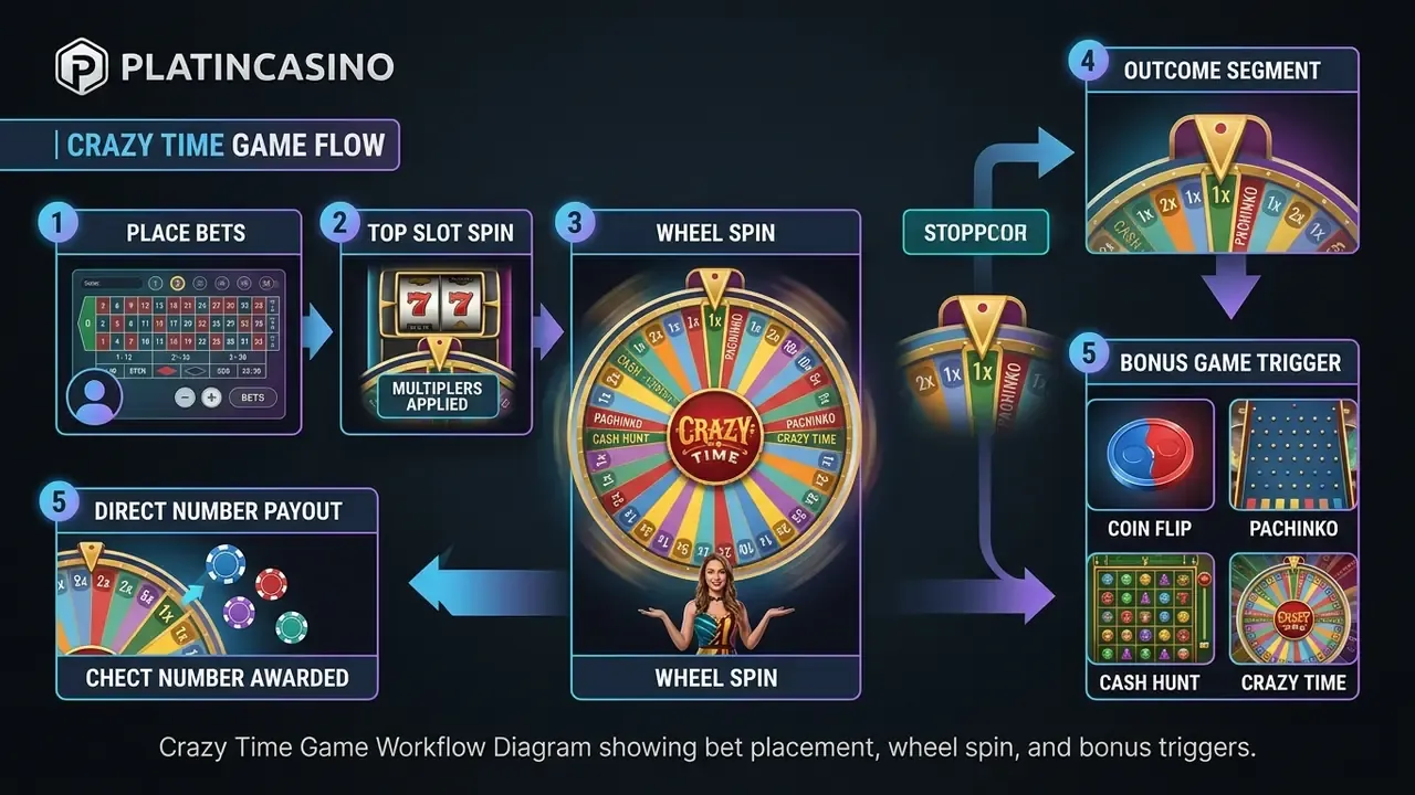 crazy time game workflow diagram showing bet placement wheel spin and bonus triggers