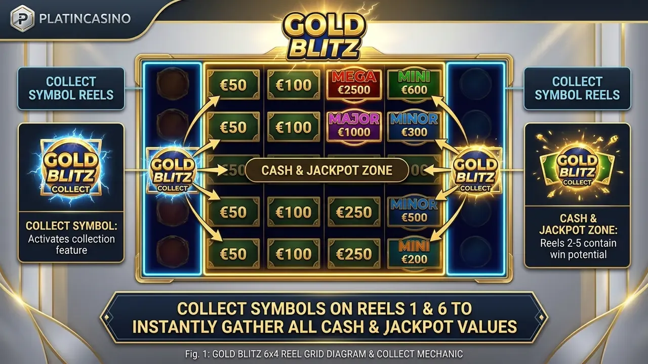 Gold Blitz slot 6x4 reel grid diagram and Collect mechanic